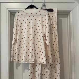 SKIMS Cream Pajama Set with Red Floral Pattern